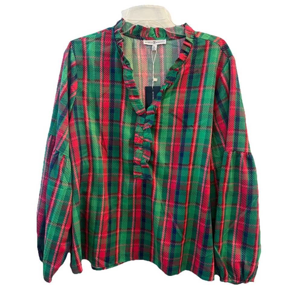 Michelle McDowell Top Women's 2XL Green Pink Ruffle Balloon Sleeve Holiday smart